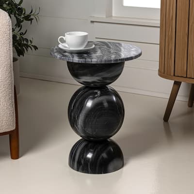 Lyra 19" Modern Natural Marble Handmade Stacked Round Pedestal End Table, Dark Gray/Light Gray, by JONATHAN Y.