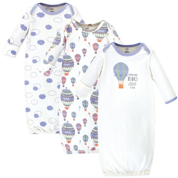 slide 1 of 1, Touched by Nature Baby Boy Organic Cotton Long-Sleeve Gowns 3pk, Hot Air Balloon Preemie - Hot Air Balloon