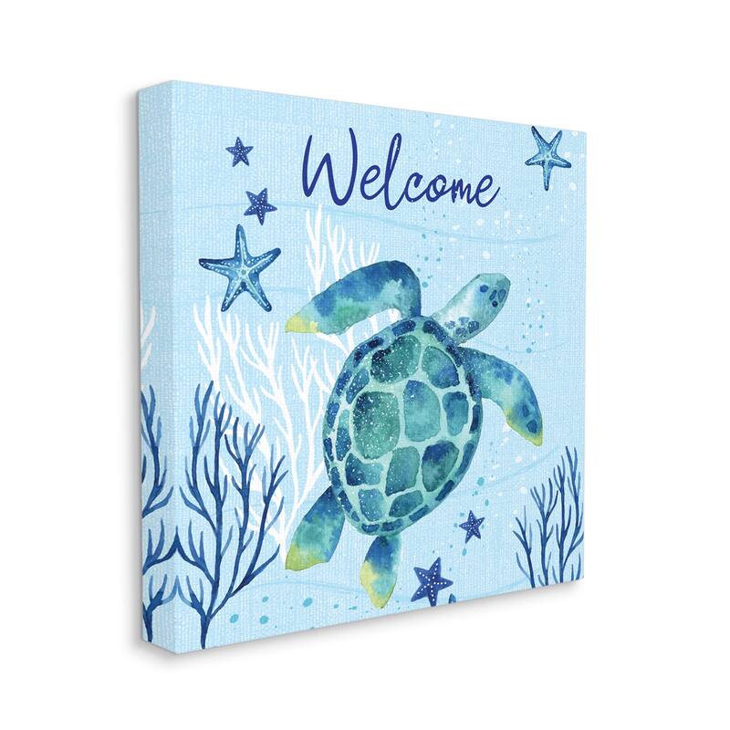 Stupell Welcome Sign Sea Turtle Swimming Ocean Life Canvas Wall Art, Design by Sharon Lee