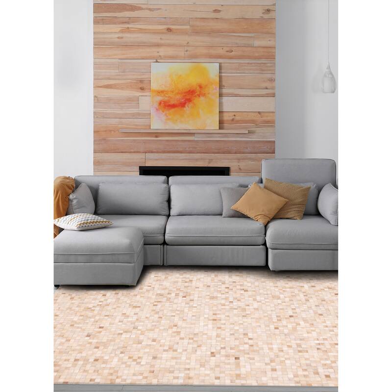 ECARPETGALLERY Handmade Cowhide Patchwork Beige Leather Rug - 8'1 x 10'0