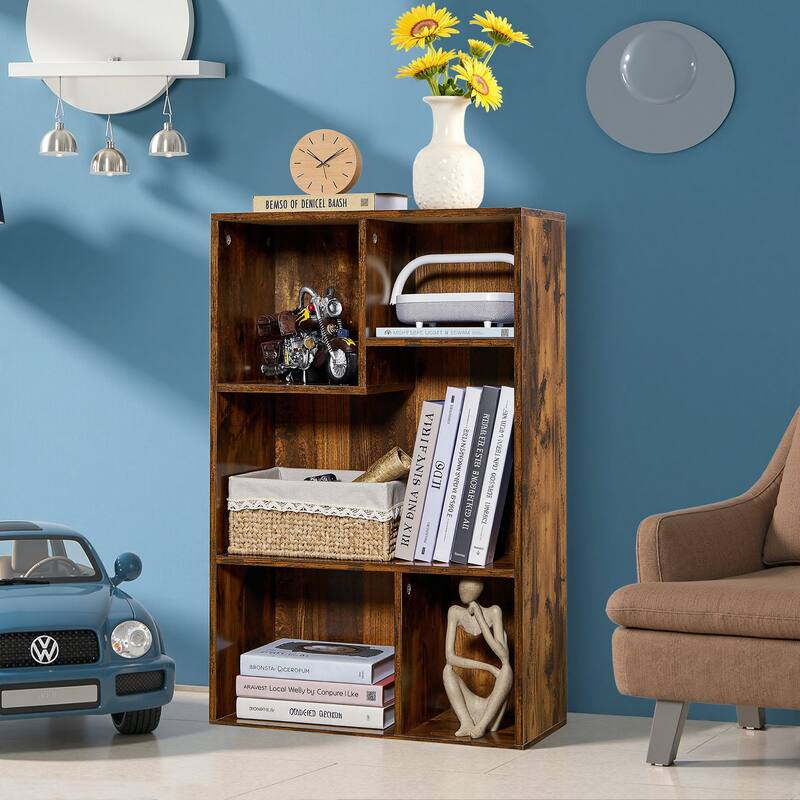 VECELO Widened Version, 3-Tier Five Open Cube Wooden Bookcase Organizer, Bookshelf, Book Storage