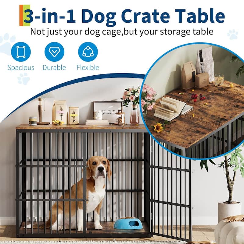 Dog Crate Furniture, Large Dog Crate End Table with 3 Lockable Doors - N/A