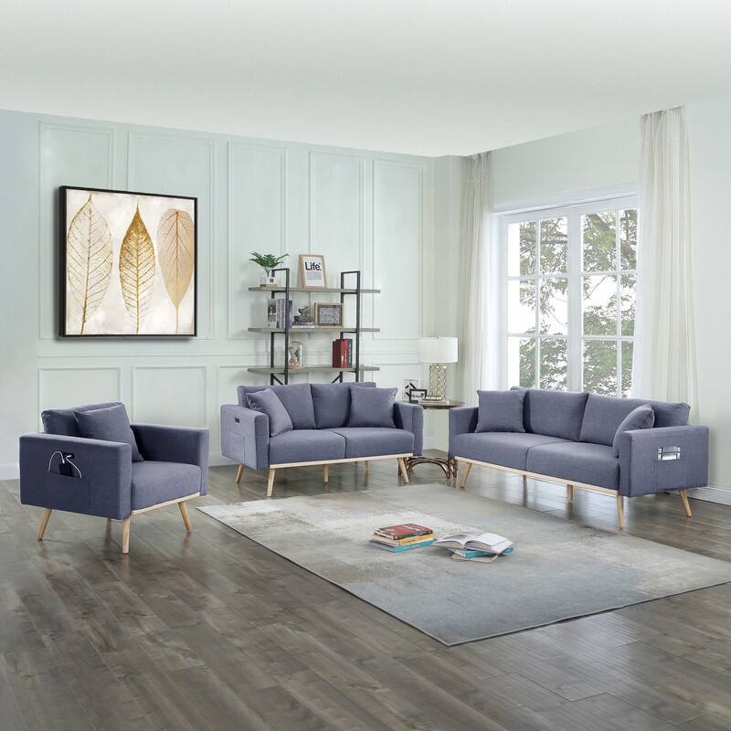 Easton Linen Fabric Sofa Loveseat Chair Living Room Set with USB Charging Ports Pockets & Pillows