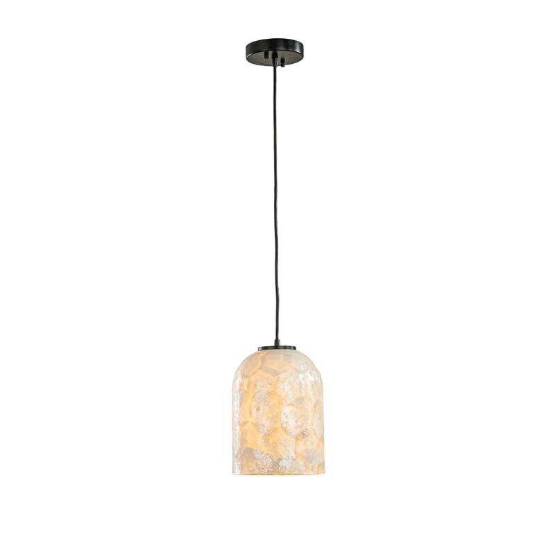 1-Light 7'' Modern Farmhouse Natural Capiz Seashell Single Pendant Light Coastal Cylinder Hanging Light For Kitchen - W7'' - W7'' - Matte Black