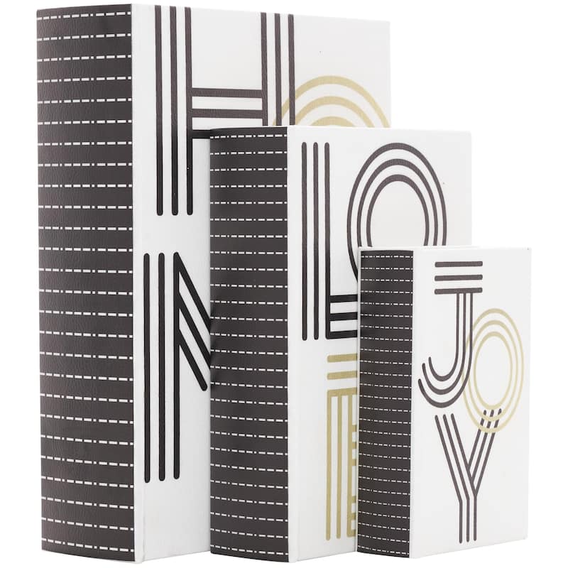 Faux Leather or Linen Fabric Book Storage Box - Set of 3 White, Beige, Black, Red or Light Gray - Roche River Decor - White - "Home", "Love", "Joy" Text Cover