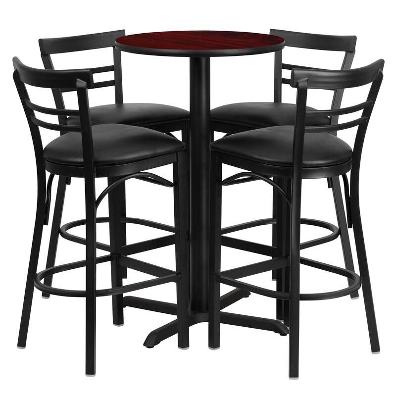 24'' Round Laminate Table Set with X-Base and 4 Ladder Back Metal Barstools - 24"W x 24"D x 42"H - Mahogany Top/Black Vinyl Seat