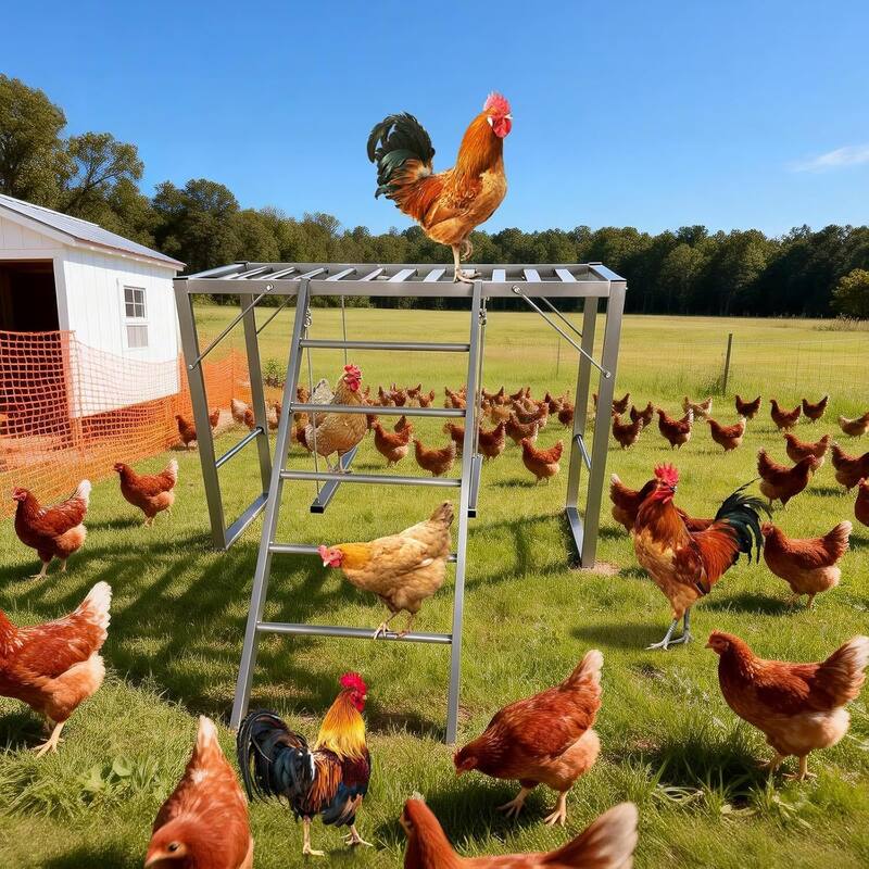 Metal Chicken Roosting Bars with Swing and Ladder for Chicken Perch - Silver