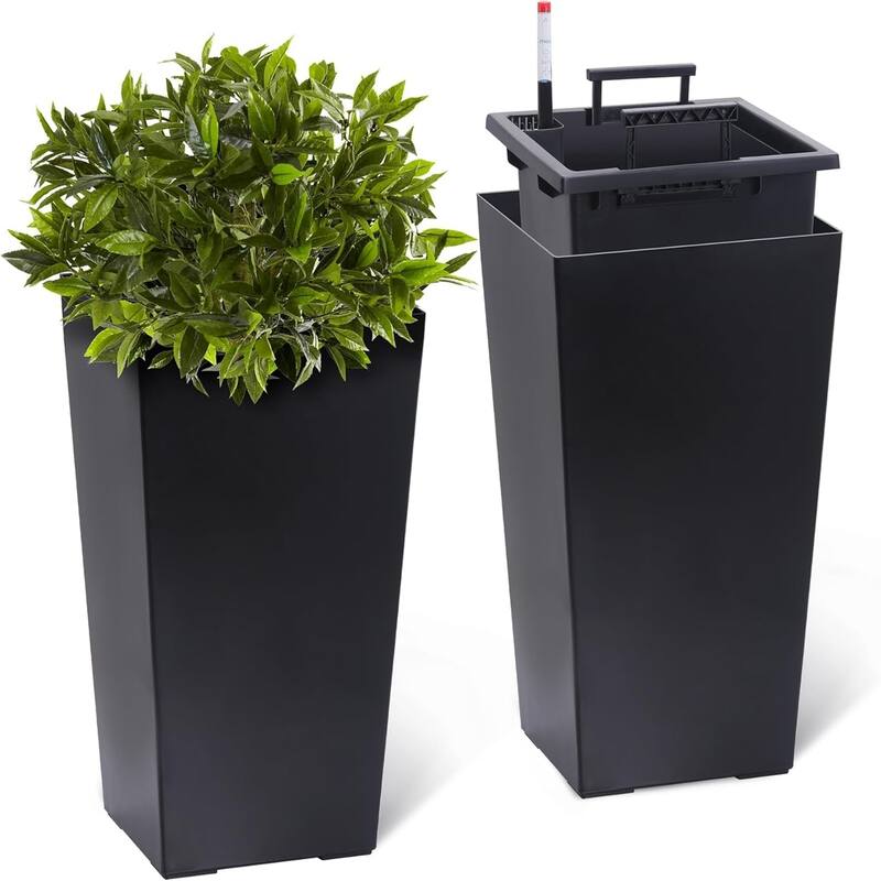 2-Pack 22.5-Inch Tall Self-Watering Planters with Water Level Monitor Pots with Drainage Holes Inner Bucket and Wheels Balck - Black