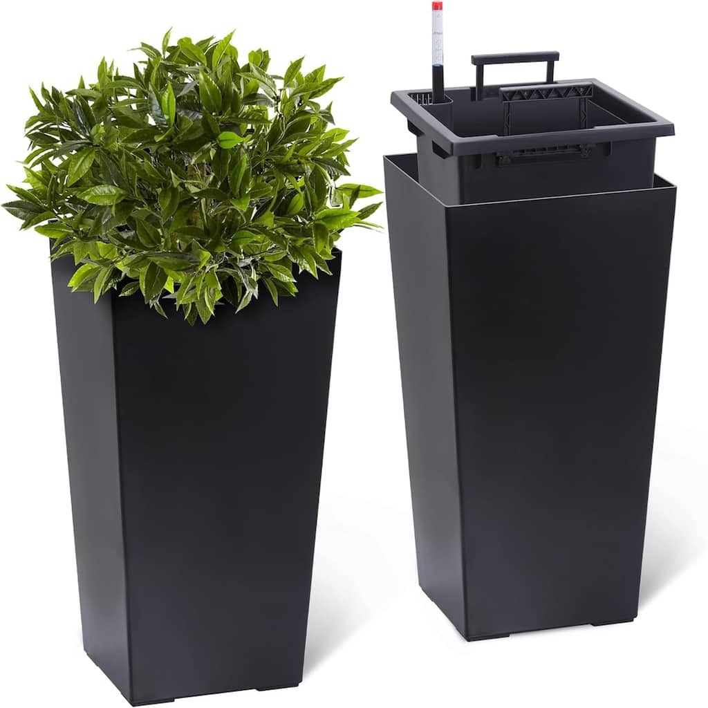 2-Pack 22.5-Inch Tall Self-Watering Planters with Water Level Monitor Pots with Drainage Holes Inner Bucket and Wheels Balck