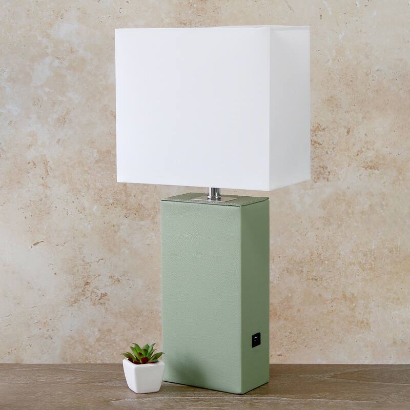 Modern Leather Table Lamp with USB and White Fabric Shade