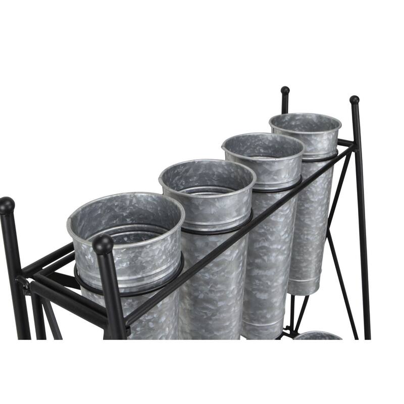 41" Gray and Black Plant Stand with 8 Galvanized Planter Pots