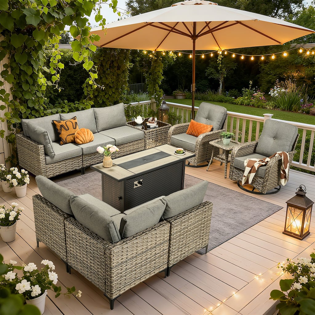 HOOOWOOO 11-piece Outdoor Patio Sofa Wicker Furniture Swivel Chair Set with 54" Fire Pit Table