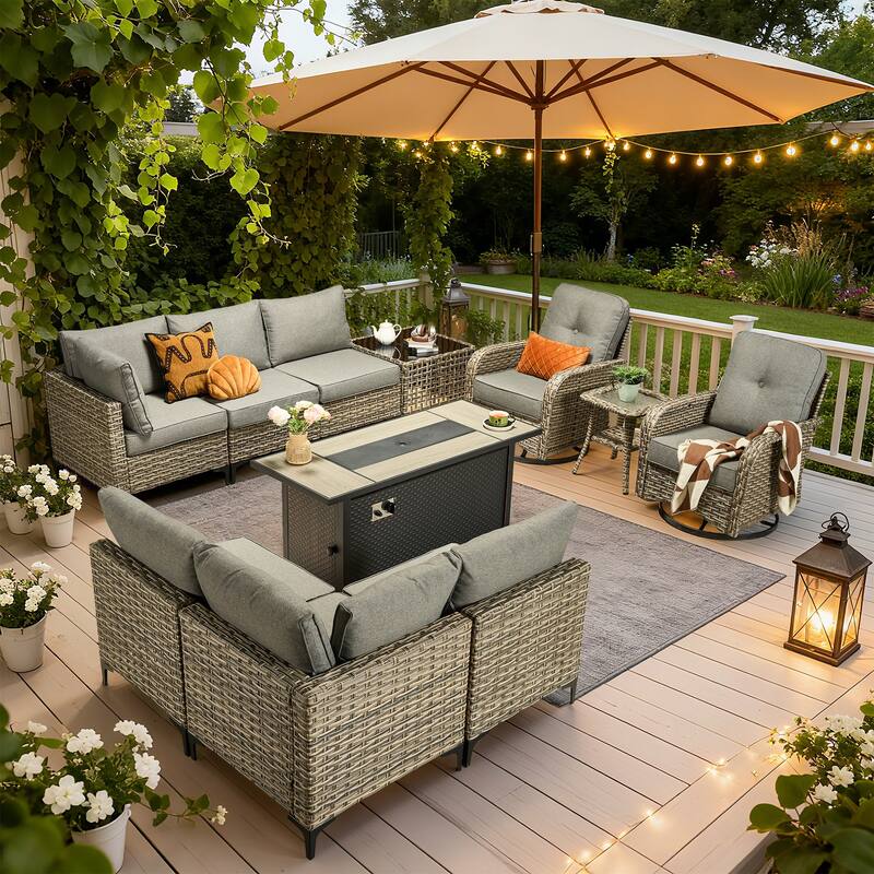 HOOOWOOO 11-piece Outdoor Patio Sofa Wicker Furniture Swivel Chair Set with 54" Fire Pit Table - Dark Grey
