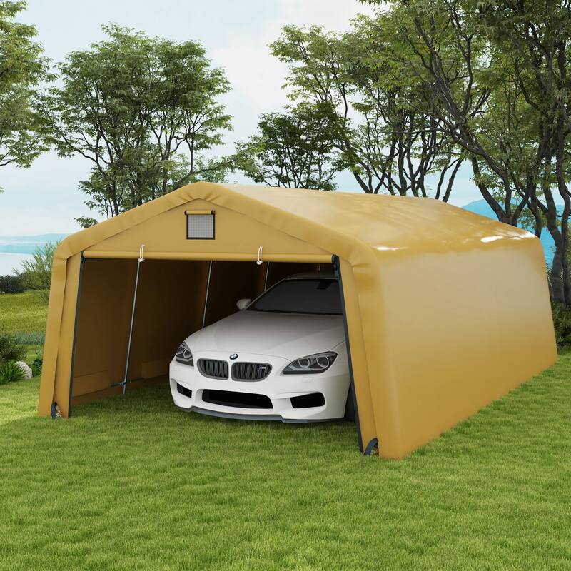 Outsunny 12' x 20' Heavy Duty Carport, Portable Garage Canopy Tent with 2 Ventilation Windows and Large Door, for Car, Truck - Beige