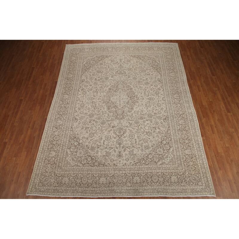 Hand Knotted Oriental 100% Wool Carpet Traditional Floral Beige & Ivories Mashad Area Rug - 12' 4'' X 9' 6''