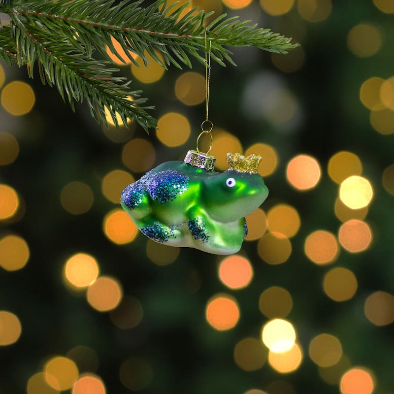 3" Green White Prince Frog in a Gold Crown Glass Christmas Ornament