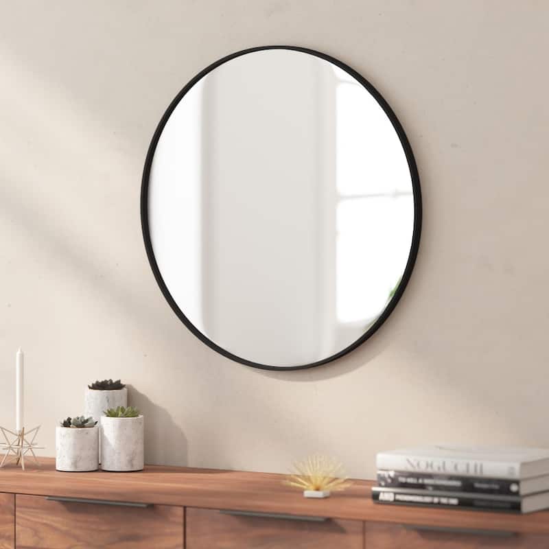 Wall Mount Shatterproof Round Accent Wall Mirror with Metal Frame - 24" - Black