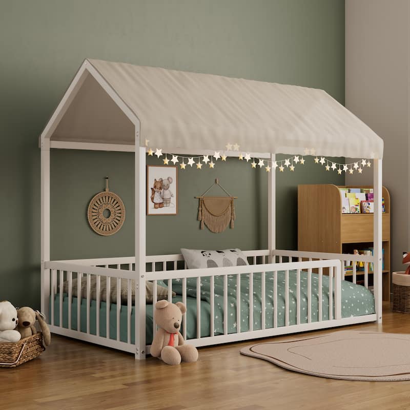 Montessori Style Metal Floor Bed Frame, House Shaped Bed for Kids and Toddlers, No Slats, House Bed - White Fence - Twin