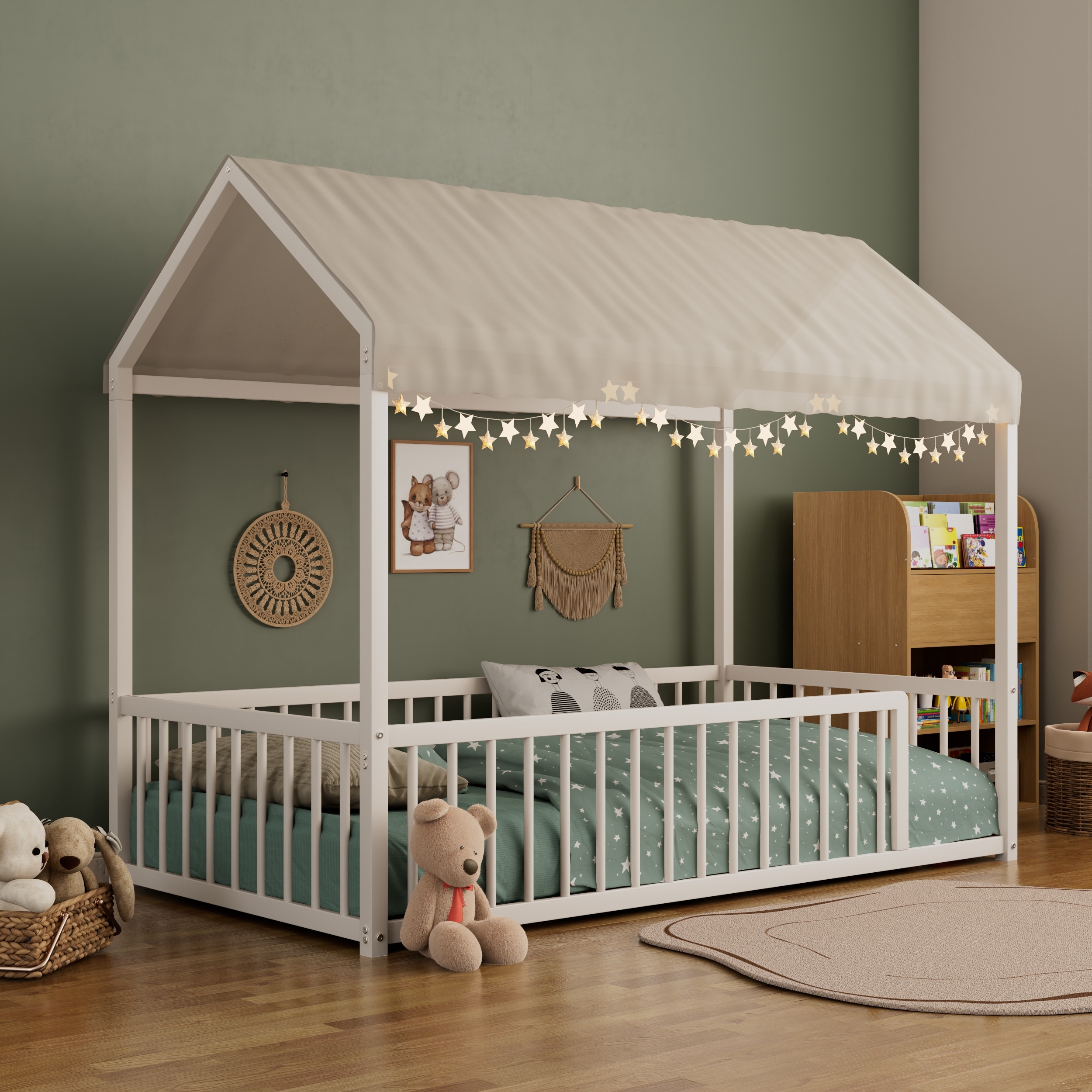 Twin/Full Montessori Metal Floor Bed Frame with Fence