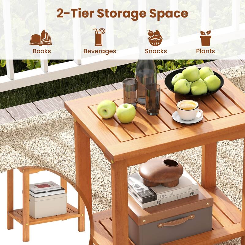 Gymax Outdoor Acacia Wood Side Table 2-Tier Patio End Table w/ Slatted