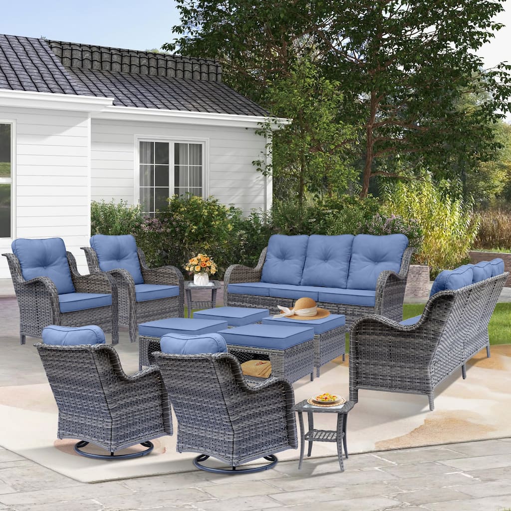 Gray Wicker Outdoor Patio Furniture Set with Swivel Rocker Patio Chairs