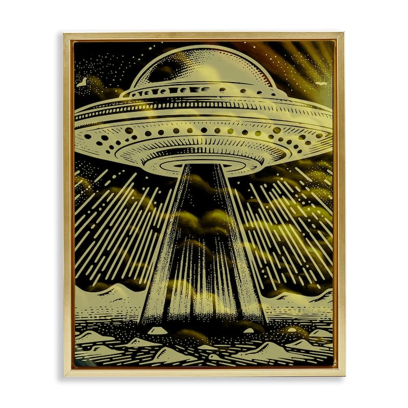 Stupell Mysterious Alien UFO Framed Floater Canvas Wall Art Design By Jesse Keith - 17 x 21 - Gold