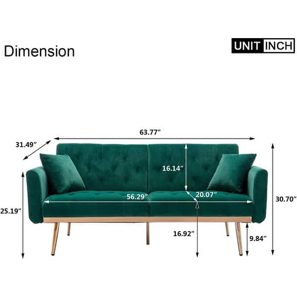 dimension image slide 6 of 8, Velvet Futon Sofa Bed with Two Pillows, Convertible Couch for Living Room and Bedroom