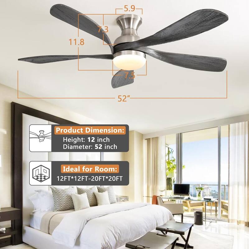 52 Inch Flush Mount Ceiling Fan with Dimmable 3 Colors LED Light, Reversible Noiseless DC Motor Smart Ceiling Fan