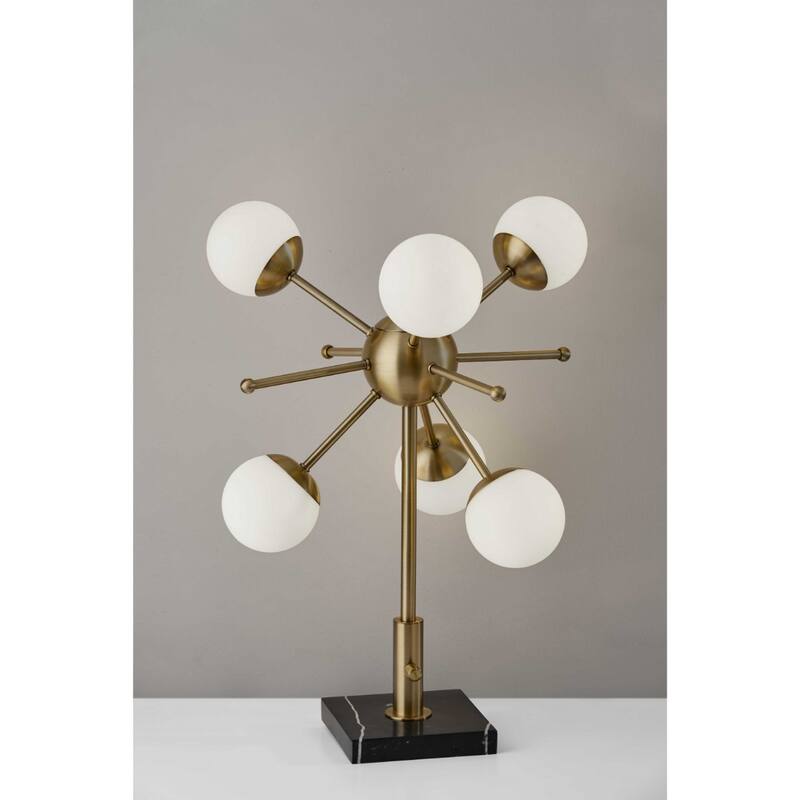 Black Metal Base Mid Century Table Lamp with Brass Glass Globe Shade 6 Lights - 15” x 15” x 23” (D x W x H)