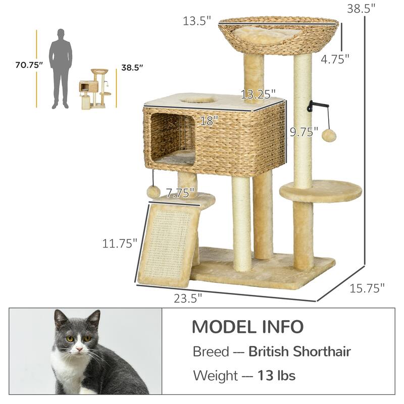 38" Cat Tree for Indoor Cats, Cat Tower with Scratching Posts, Ramp, Condo, Toy Balls, Platform, Bed - Beige