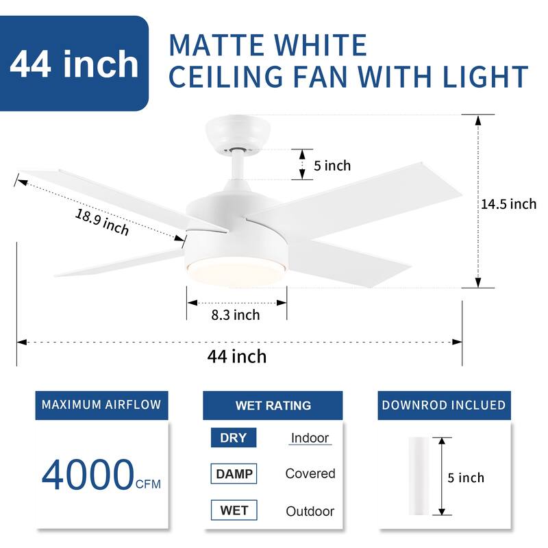 44 in. Indoor Matte Black Ceiling Fans with Dimmable Integrated LED Light and Remote Control