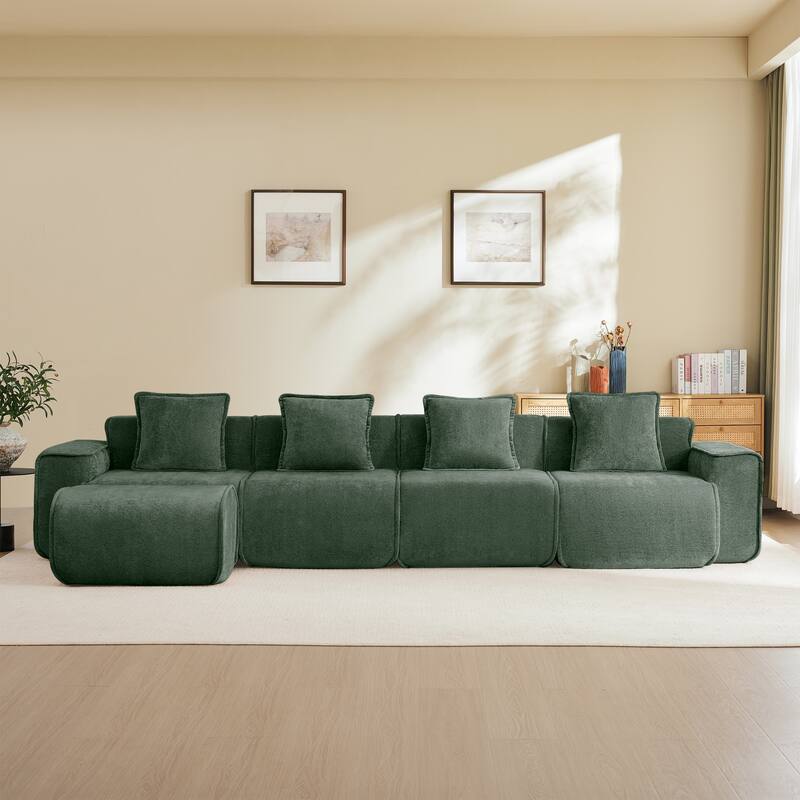 GDFStudio - Velvet Streamlined Modular 4-Seater 138.58" L-Shaped Sectional Sofa with Ottoman