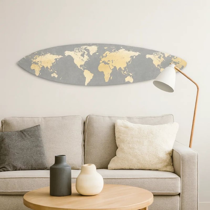 Wooden Surfboard Wall Art with World Map Print, Gray and White