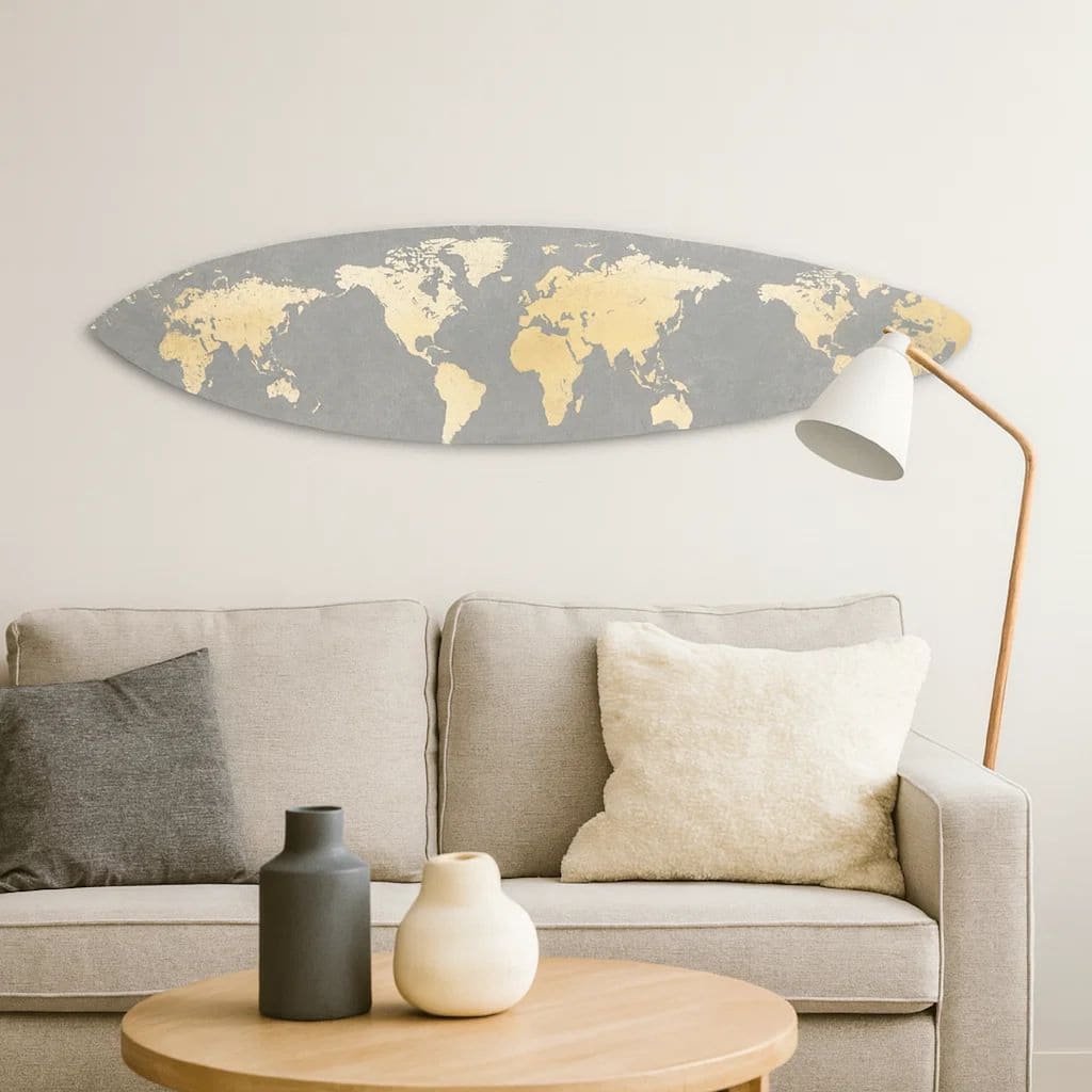 Wooden Surfboard Wall Art with World Map Print, Gray and White