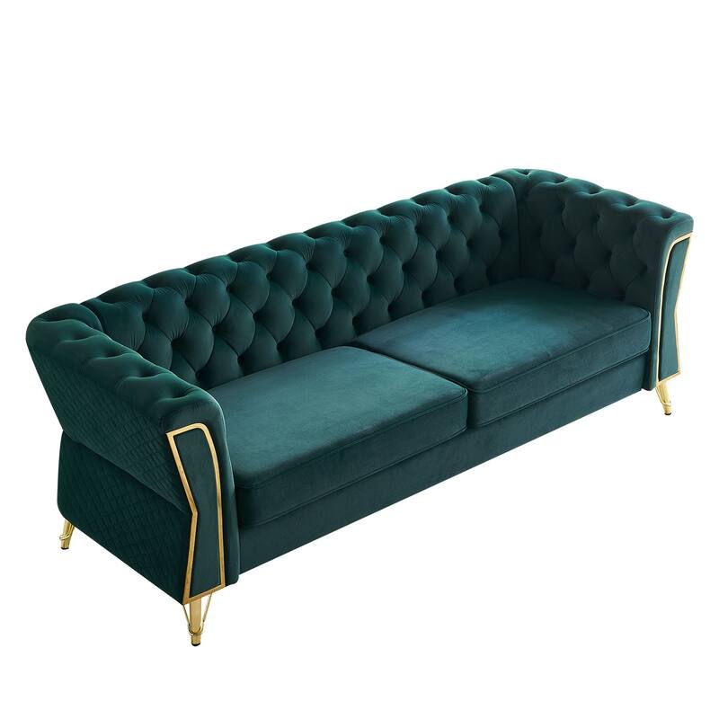 Tufted Velvet Sofa with Golden Metal Frame, Diamond-Stitched Design, and Foam Cushion for Living Room