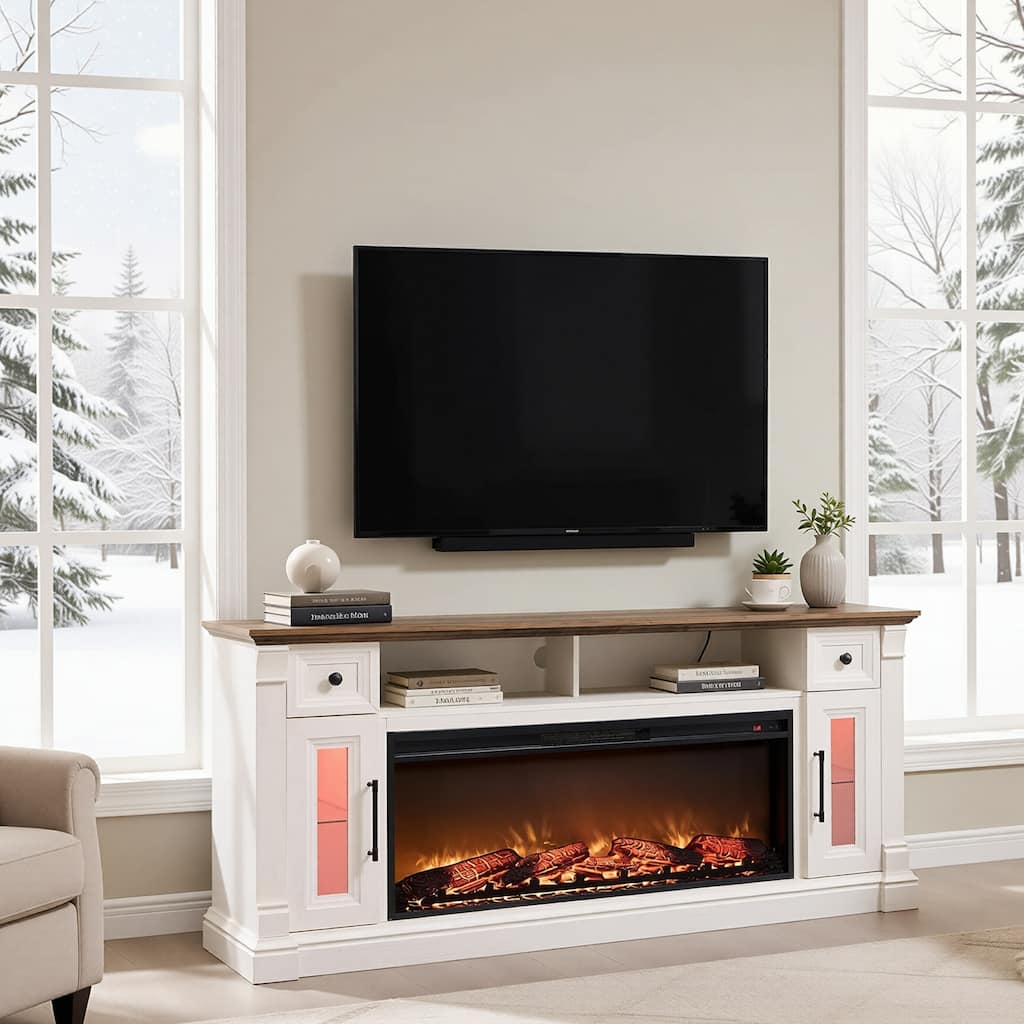 Fireplace TV Stand for 80" TV, Entertainment Center with LED Lights