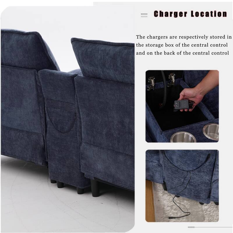 Modular Sectional Sofa, U Shaped Couch with 2 Ottomans, Storage Console & Wireless Charging, 2 Cup Holders, Bluetooth Speakers