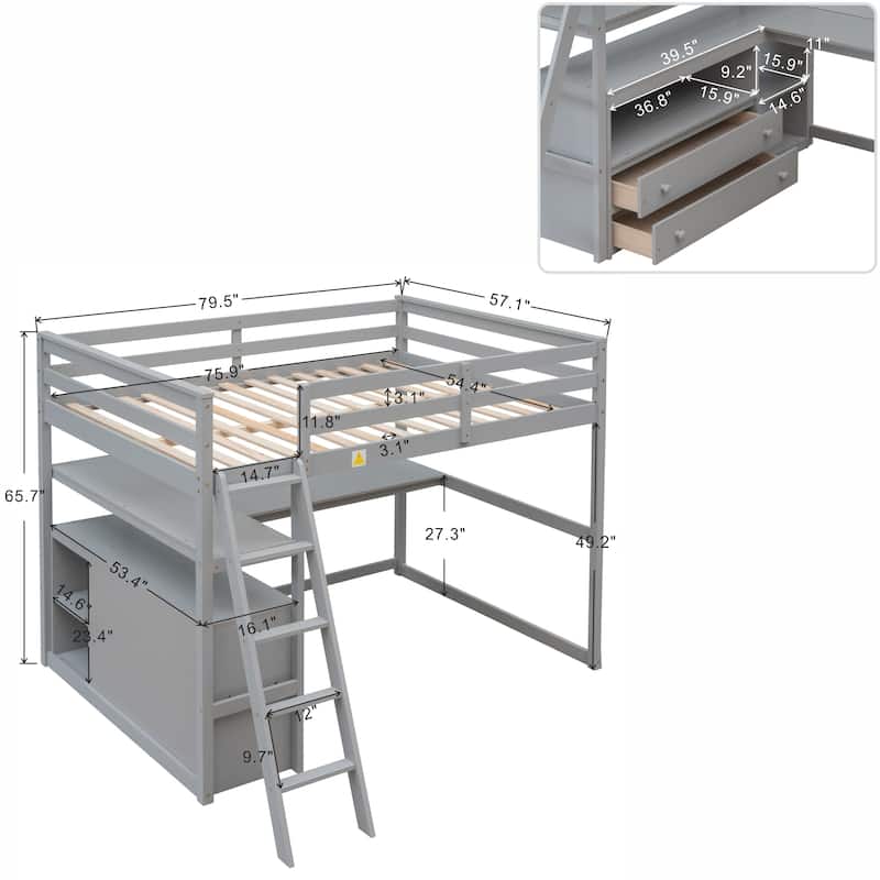 Full Size Loft Bed with Desk and Shelves