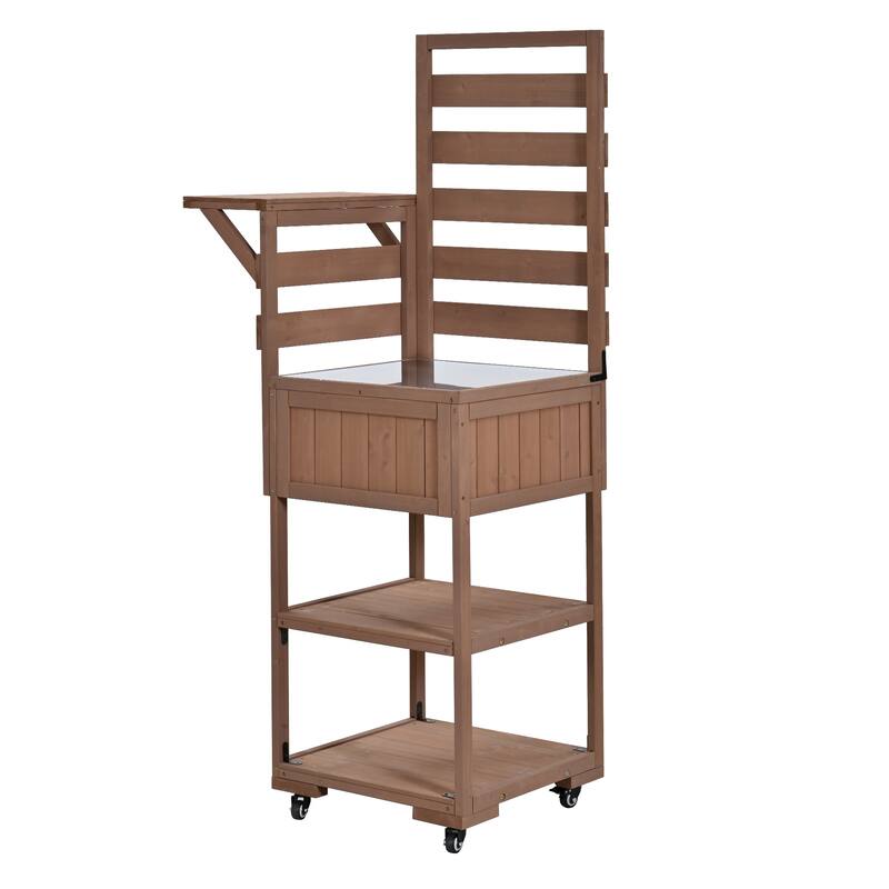 Solid Wood 62.3'' Patio Kitchen Island Kitchen Cart with Stainless Table Top, Garden Potting Bench with Raised Shelf and Drawers