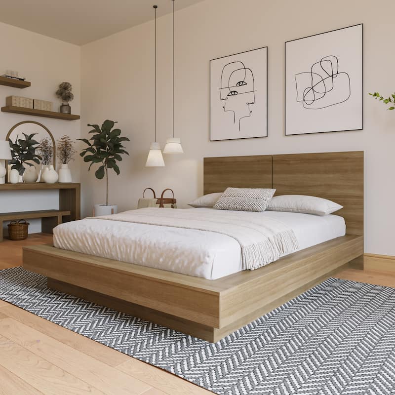 Napa Platform Bed with Headboard - Brown Oak