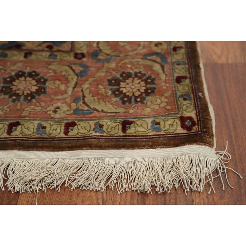 Hand Knotted Traditional Silk Brown Floral Area Rug - 3' 10'' X 2' 4''