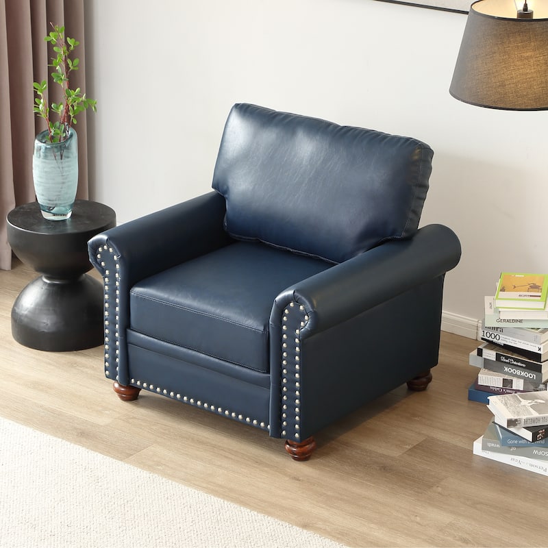 Stylish Single Seat Sofa Faux Leather Chair with Wood Legs and Silver Nailhead Trim for Living Room
