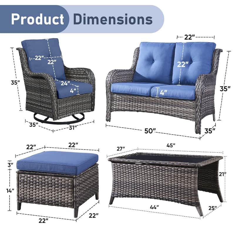 Pocassy Outdoor 6 Pieces 2-Seat Sofa Swivel Chairs Table Ottoman