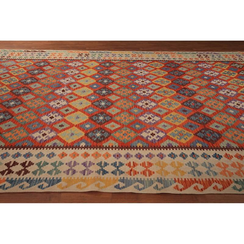 Orange Trellis Kilim Oriental Area Rug Hand-Woven Wool Carpet - 6'2" x 9'10"