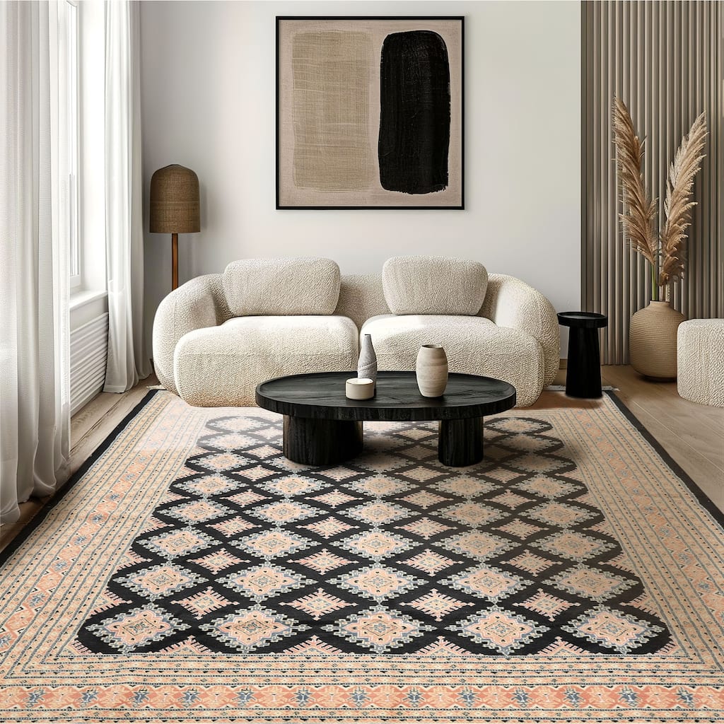 8'2''x10'5'' Hand Knotted Wool Black Bokhara Traditional 200 KPSI Area Rug - 8' 2'' x 10' 5''