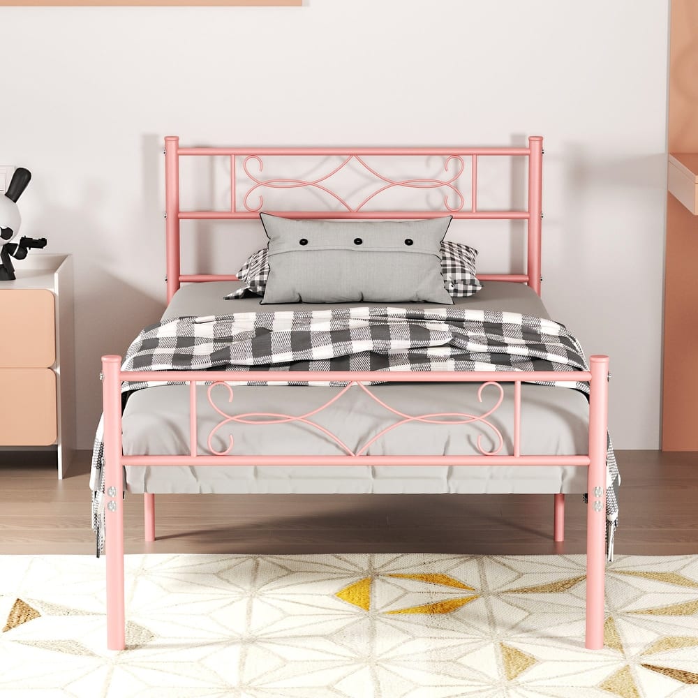 VECELO Metal Bed Frame with Headboard and Footboard No Box Spring Needed 12in Underbed Storage with Decorative Headboard