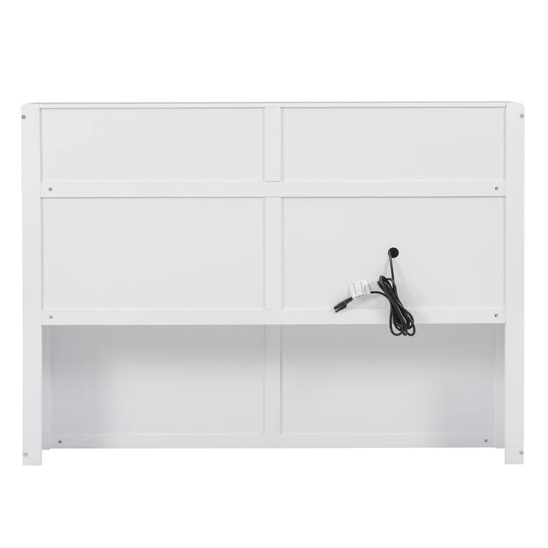 Queen Size Wooden Bed with LED Storage Headboard, Charging Station, and 2 Drawers