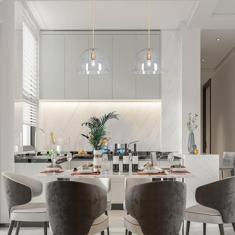 Modern Gold 1-Light Bell Pendant Light for Kitchen Island with Clear Glass Shade - 13.7" W x 10.6" H