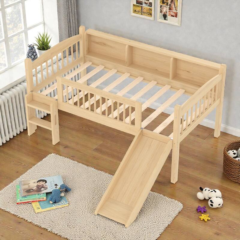 Twin XL/Twin Wood Loft Bed with Storage Shelves, LED Lights, Full-Length Guardrails & Solid Wood Frame, No Box Spring Needed