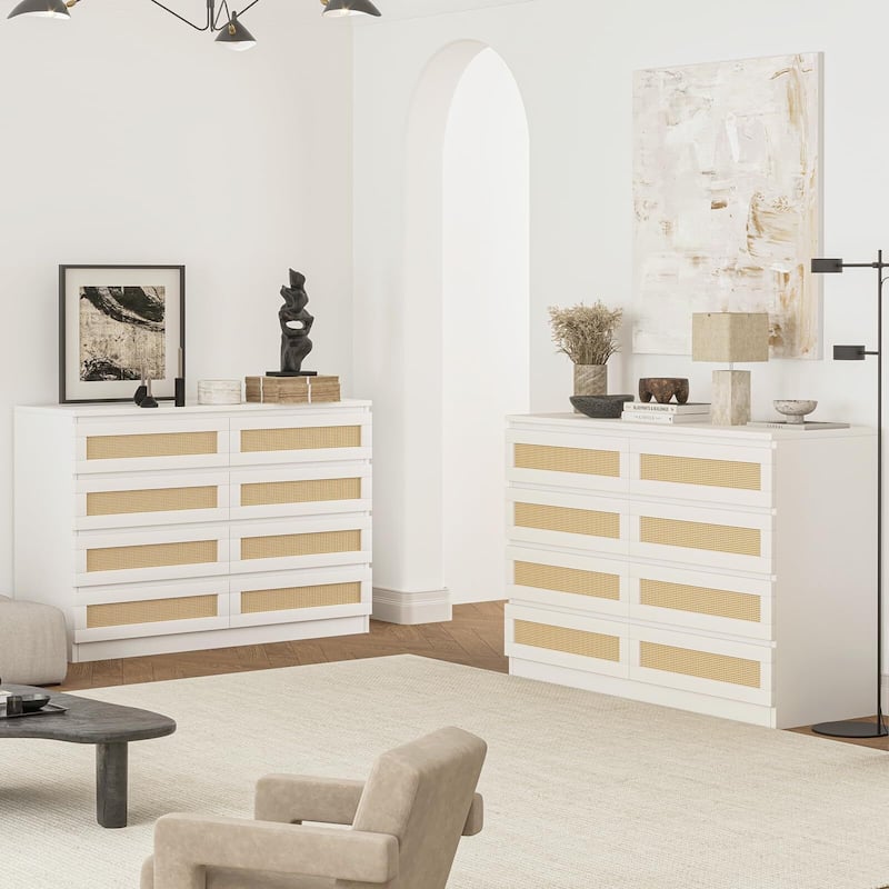 Rattan Dresser for Bedroom, Closet, Wooden Dresser with 8 Drawers, Modern Chest of Drawers with Large Storage